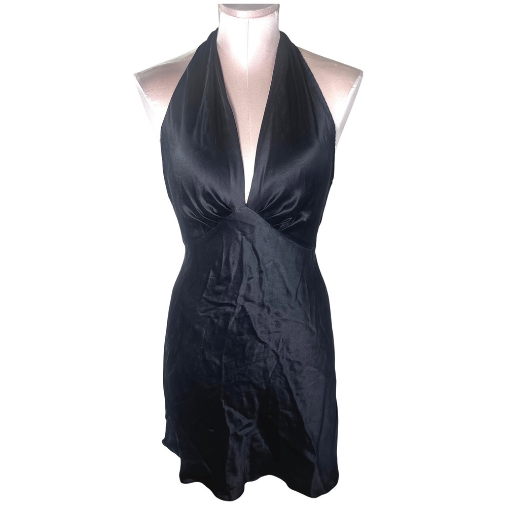 Victoria's Secret Black 100% Silk Halter Mini Dress V-Neck Size P Babydoll Lux